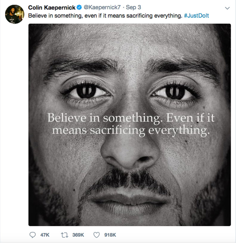 Colin Kaepernick Believe in Something Ad Tweet