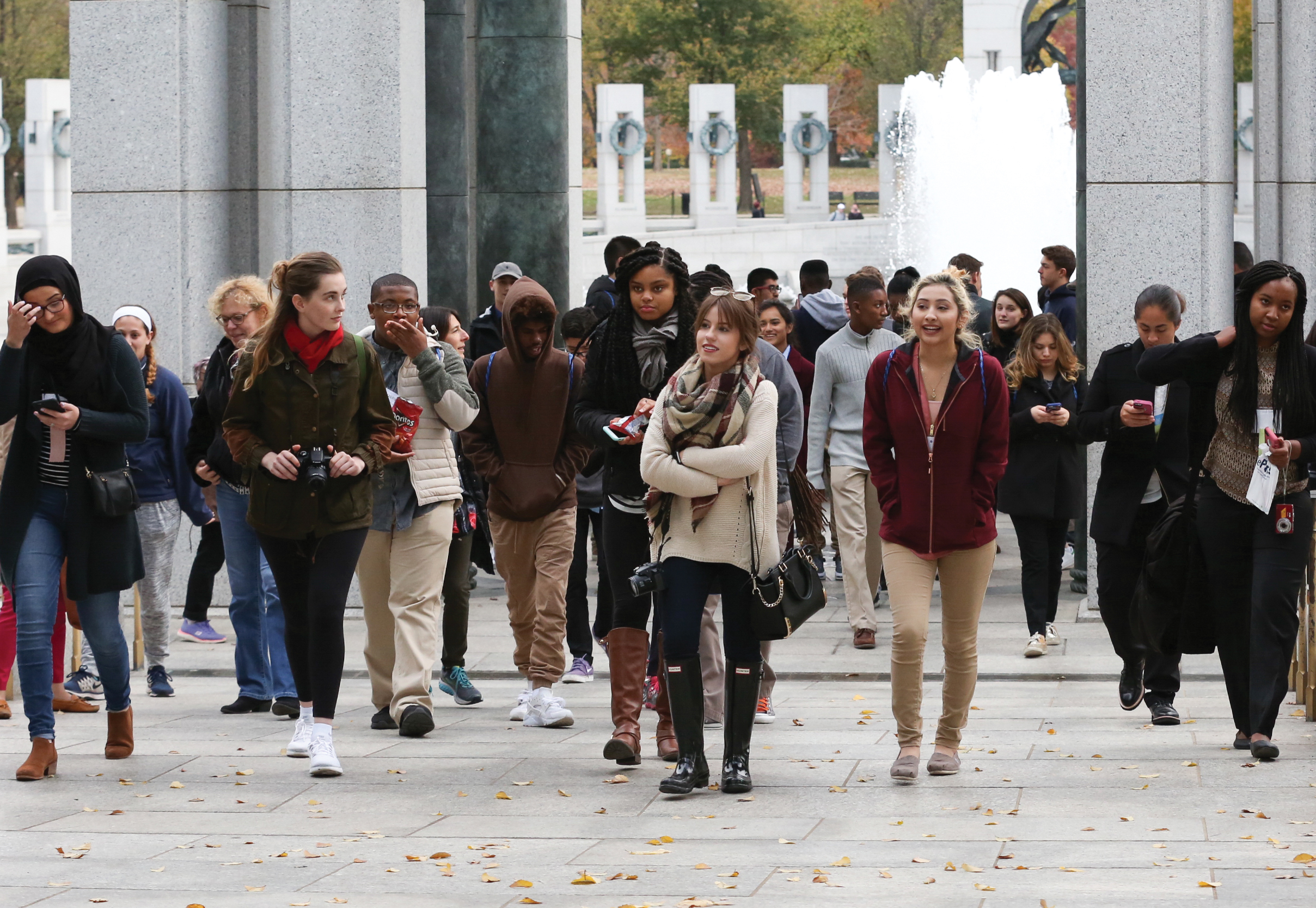 Diverse Group of Students Walking from National World War II Memorial