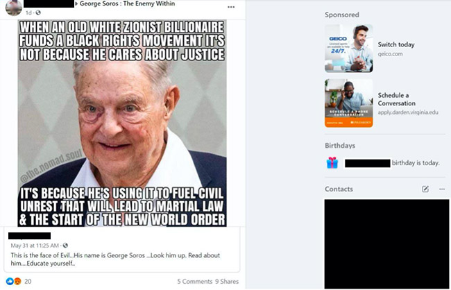 Geico Ad on Antisemitic George Soros Conspiracy Facebook Post