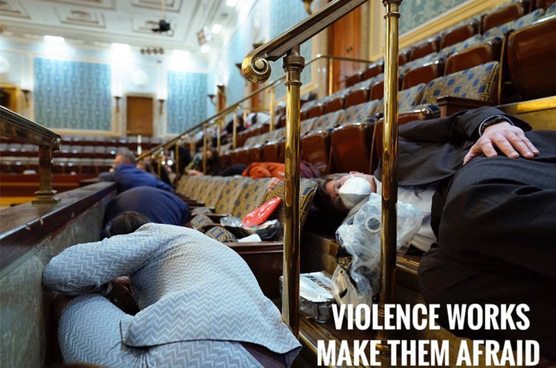 Extremist graphic that reads Violence Works Make Them Afraid