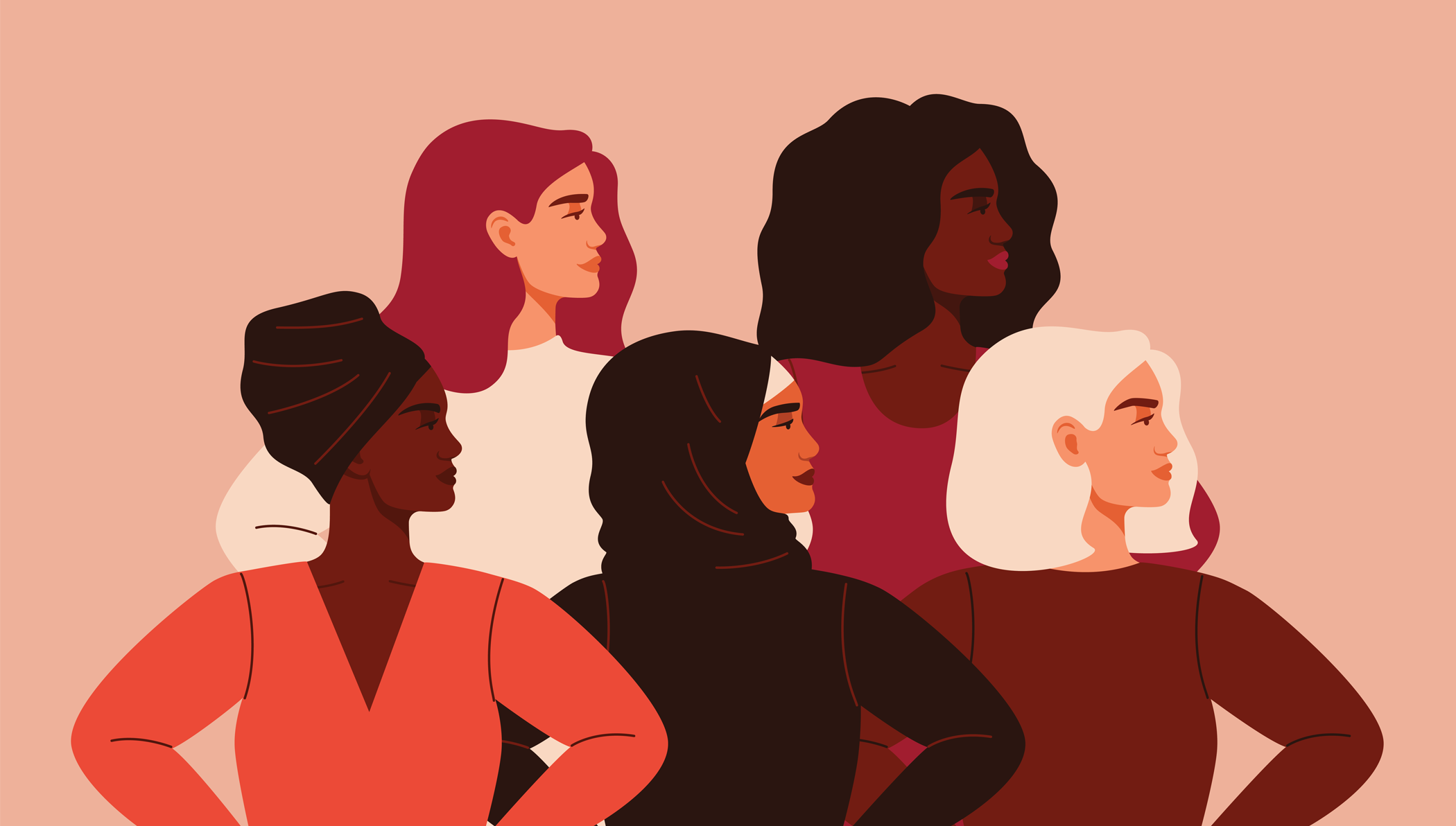 Five women of different nationalities illustration, standing together looking to the right