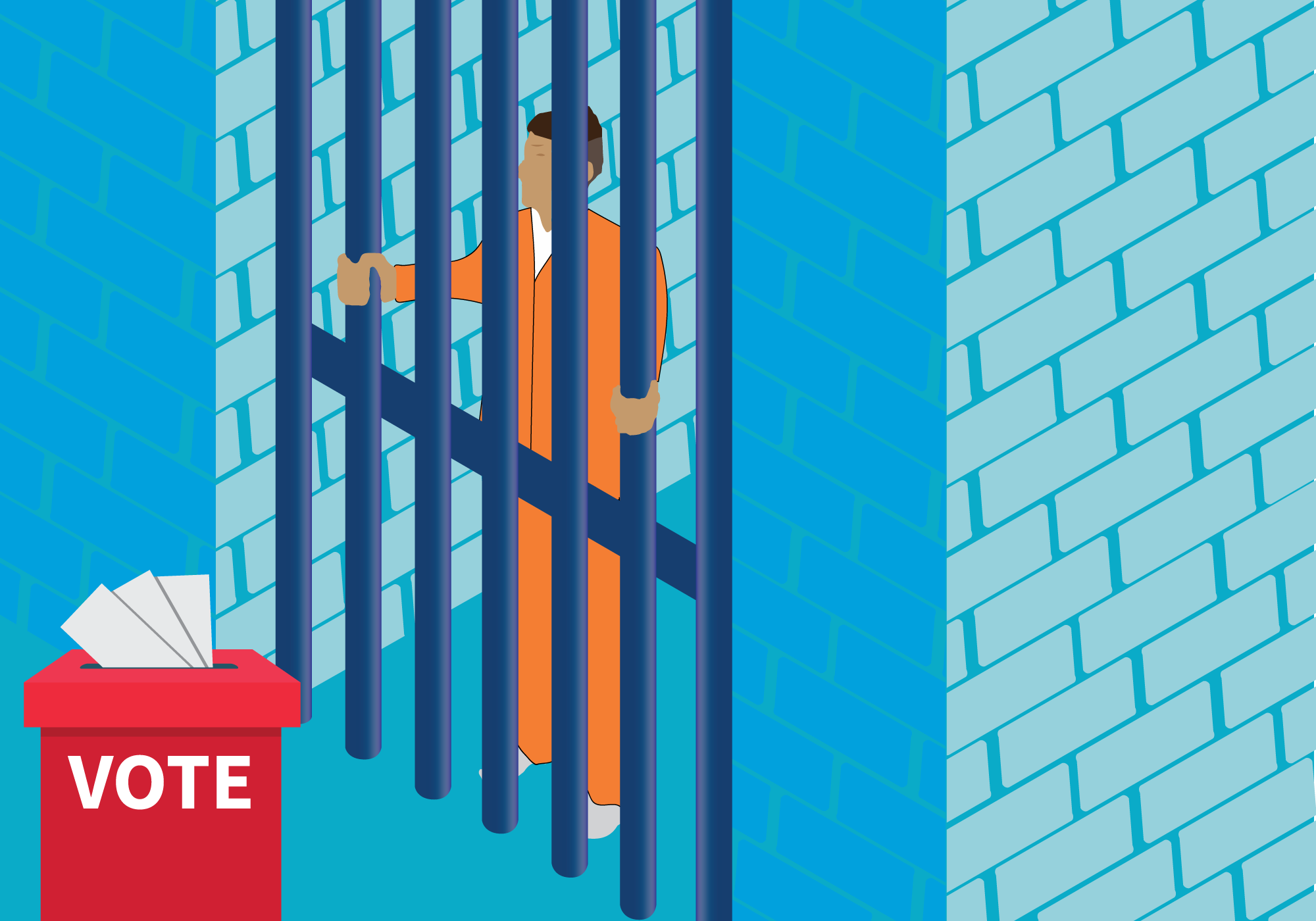 Illustration of a prisoner looking at a voting ballot box outside of his access