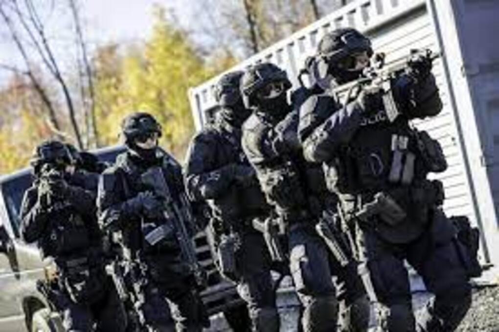 A SWAT team in body armor with their guns raised