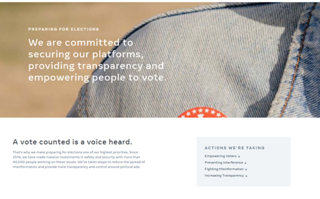 The text "Preparing for Elections We are committed to securing our platforms, providing transparency and empowering people to vote" overlayed on an image of a person wearing a voting sticker.