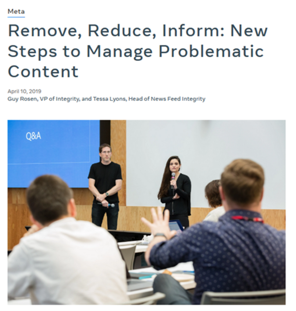 Image of a man and a woman speaking to a small crowd under the words "Remove, Reduce, Inform: New Steps to Manage Problematic Content."