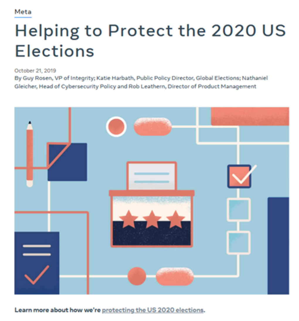 Cartoon images of a ballot, pencil and check boxes below the words "Helping to Protect the 2020 US Elections."