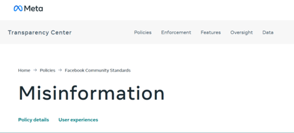 Image of Meta's Transparency Center's page on Misinformation.