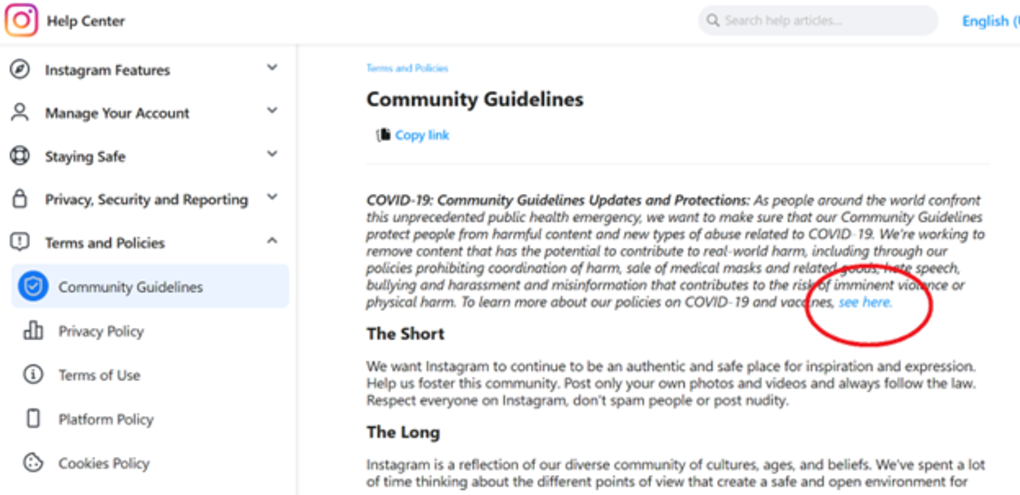 A screenshot of Instagram's Community Guidelines describing their Covid-19 policy and a red circle around the link to the full policy.