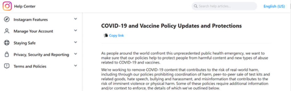 A screenshot of Instagram's Covid-19 and vaccine policy.