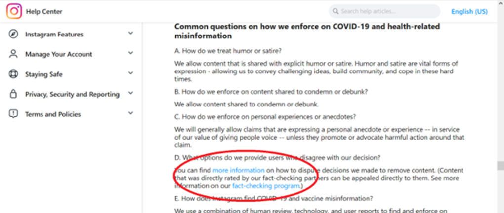Screenshot of Instagram's Covid-19 policy page answering "Common questions on how we enforce on Covid-19 and health-related misinformation" with the links to more information circled in red.