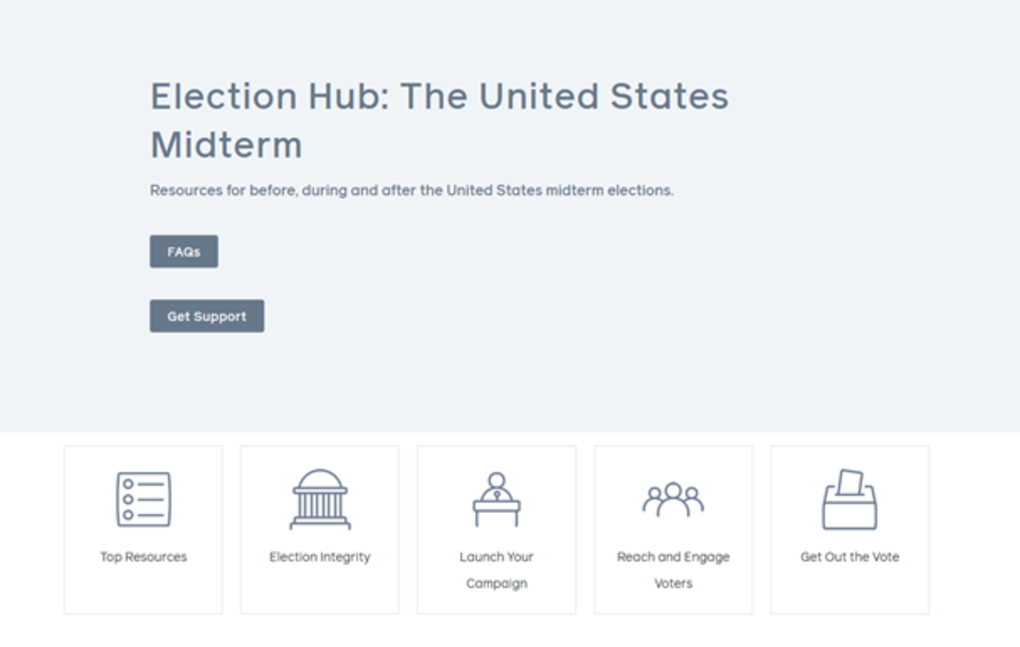 Image of the home page for Facebook's "Election Hub: The United States Midterm" with the following of links: Top Resources, Election Integrity, Launch Your Campaign, Reach and Engage Voters, and Get Out the Vote.