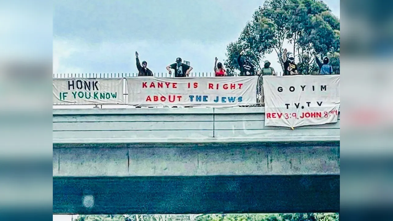 Antisemitic banner drop reading "Kanye is right about the Jews."