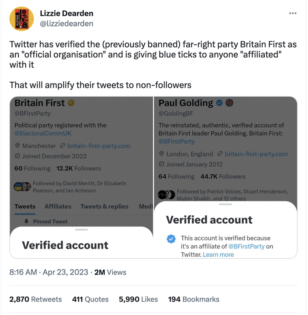 Screenshot showing that Twitter allowed blue checkmarks for Britain First and associated accounts 