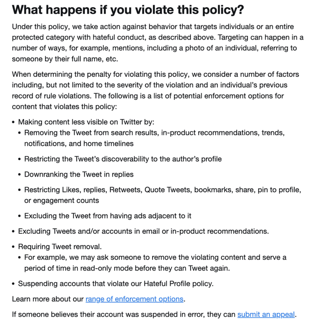 Outline of steps taken for Twitter users who violate the platform's hateful conduct policy