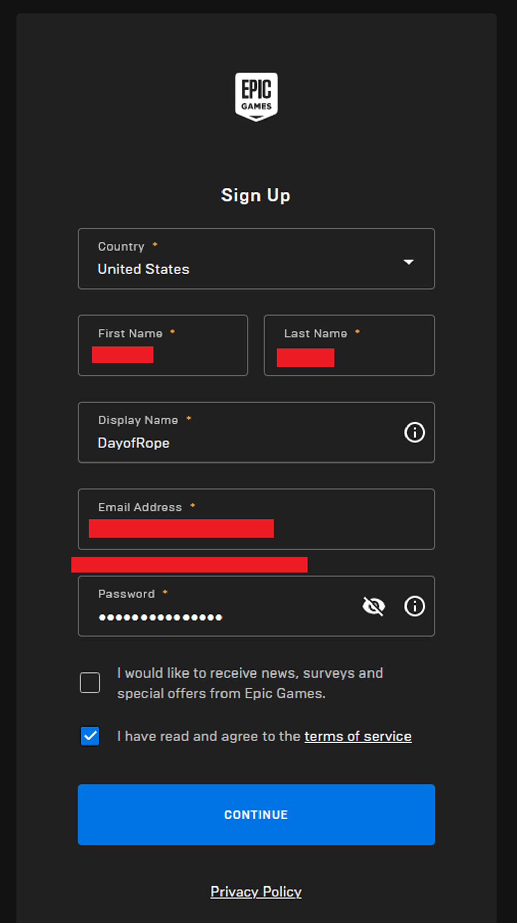 Screenshot showing username "DayofRope"