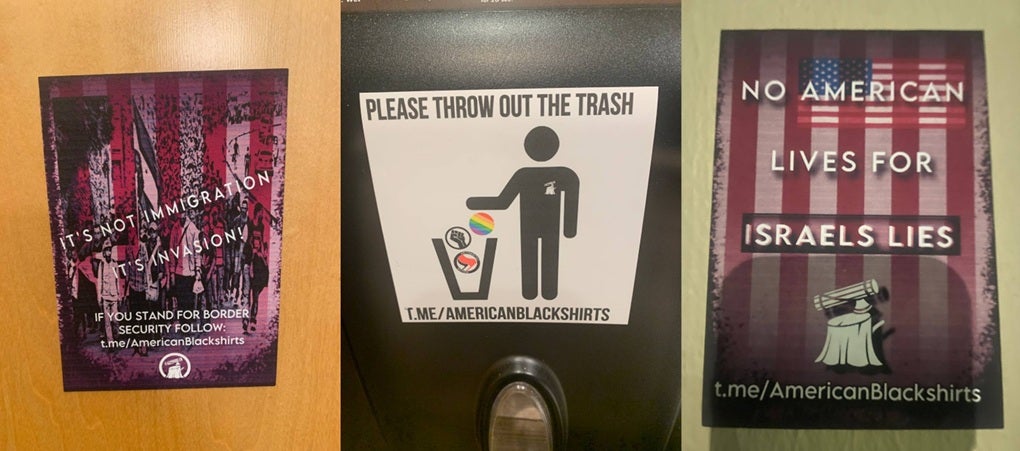 Examples of ABM propaganda targeting immigrants, the LGBTQ+ community and Israel