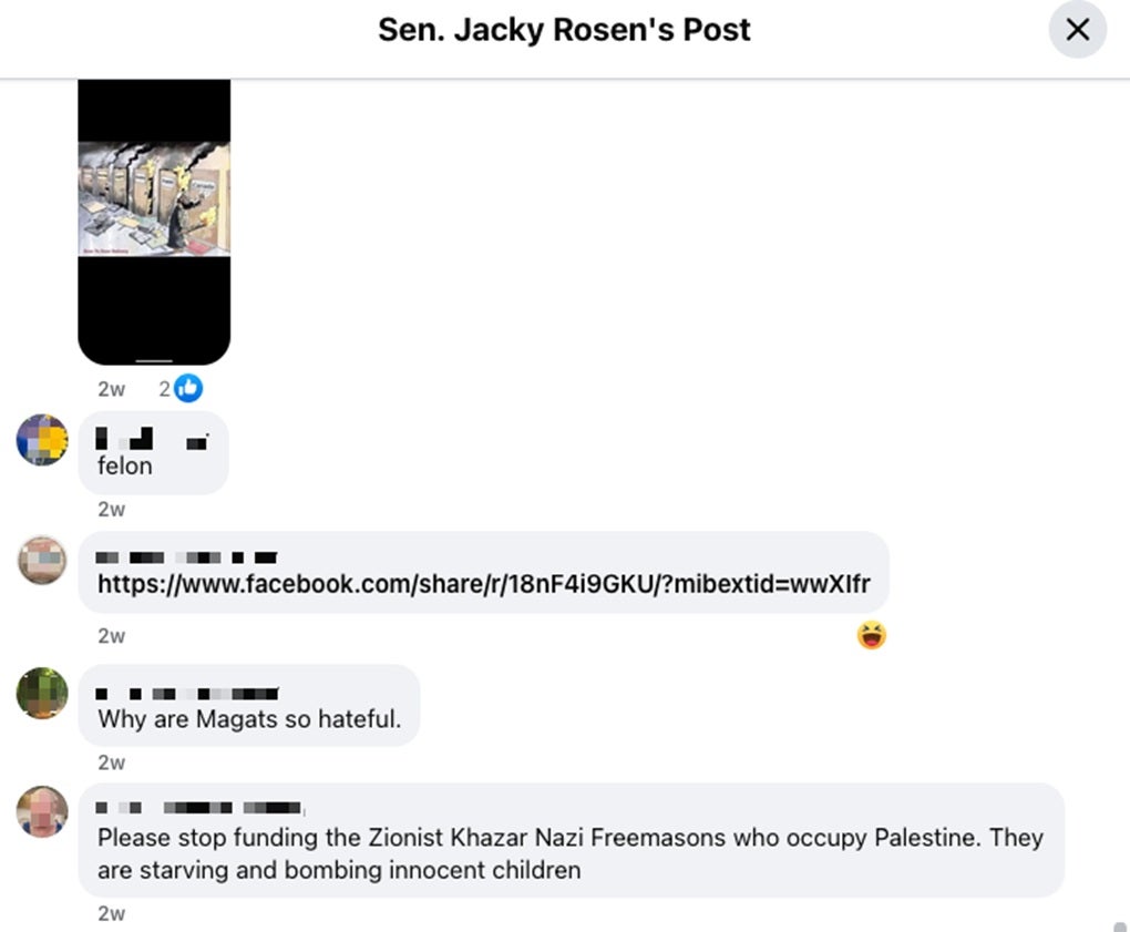 Antisemitic comments on Sen. Jacky Rosen FB page