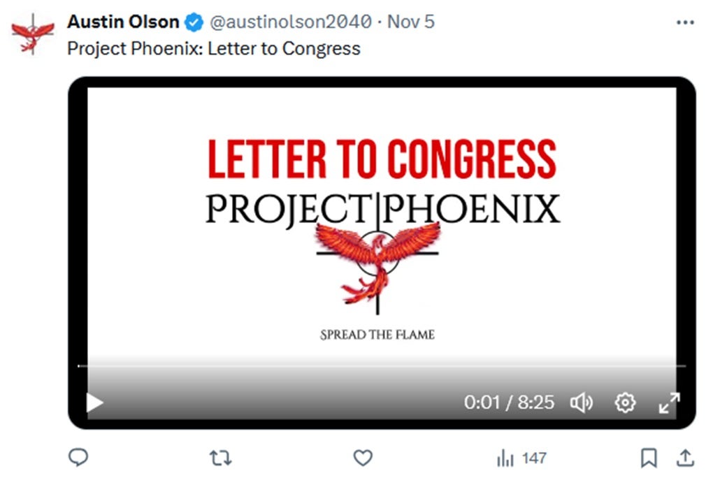 Screenshot of an X post by Olson of a video reading his antisemitic letter to Congress