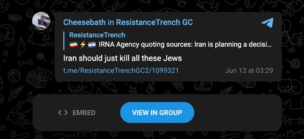 A message on Telegram reading: "Iran should kill all these Jews."