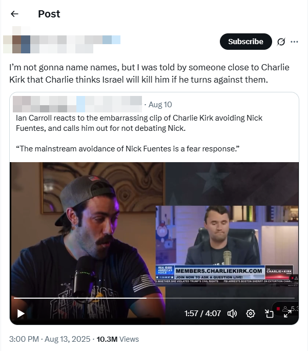 Una captura de pantalla de una publicación de X que afirmaba que Charlie Kirk tenía miedo de Israel.