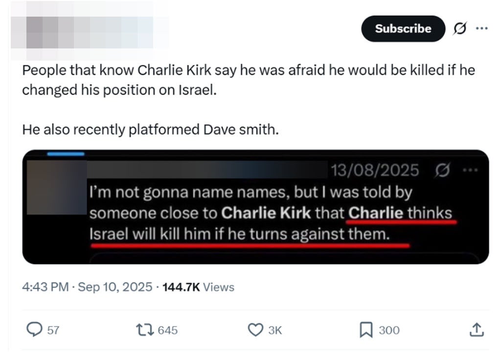 Publicación que afirma que la plataforma que Kirk le dio a Dave Smith estaba relacionada de alguna manera con el asesinato de Kirk. (Captura de pantalla/X)
