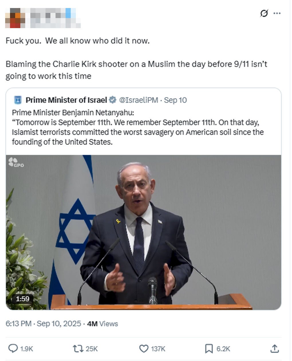Una publicación X con 4 millones de visitas que sugiere la participación de Israel y que intentarían culpar a los musulmanes por los disparos (Captura de pantalla/X).
