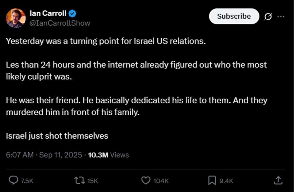 Una publicación X de Ian Carroll acusando a Israel del asesinato de Kirk