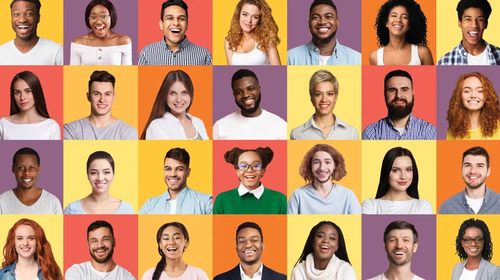 Set of Smiling Mixed People Faces Posing Over Colorful Backgrounds
