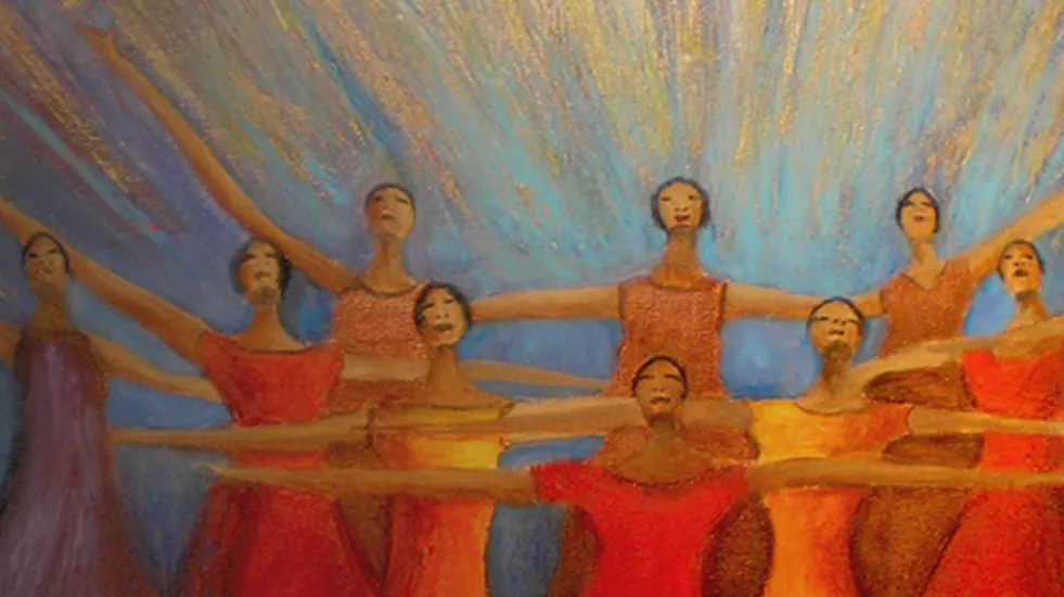 Colorful art of women with their eyes and arms lifted up