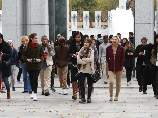 Diverse Group of Students Walking from National World War II Memorial