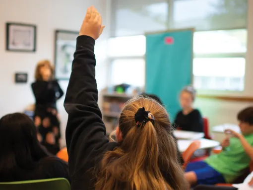Closeup of student raising hand in classroom. Other students and teacher at front of classroom.