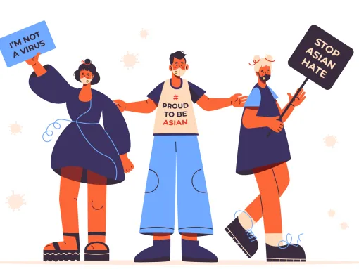 Illustration of Asians holding signs that read: "Stop Asian Hate," "Proud to be Asian," "I'm not a Virus"