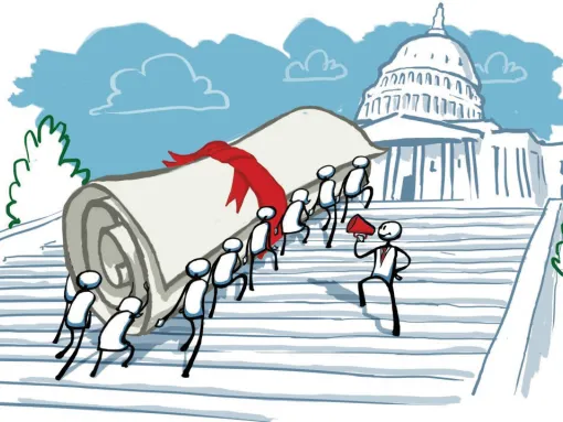 Illustration of a legislative bill being carried up the steps to Congress