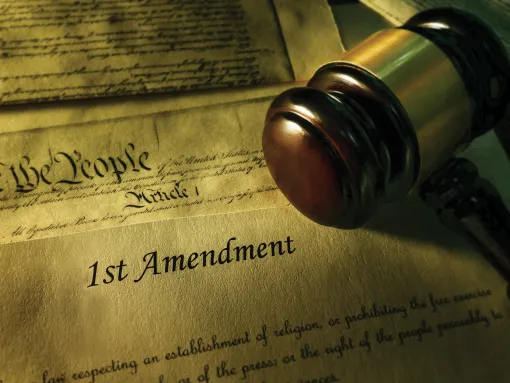 Gavel atop the First Amendment to the Constitution