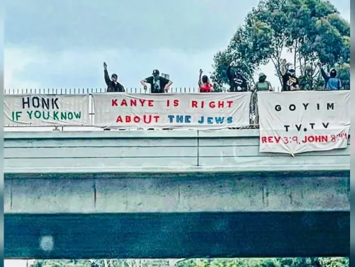 Antisemitic banner drop reading "Kanye is right about the Jews."