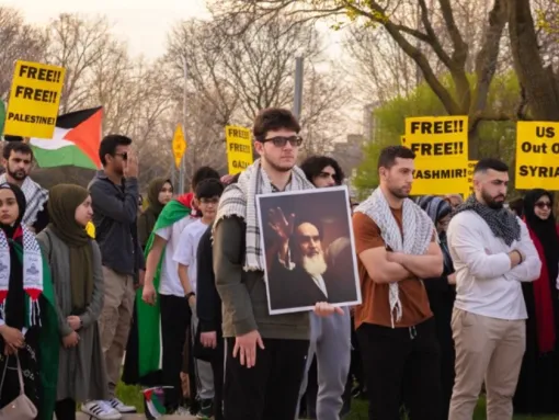 Detroit protestor holds image of Iranian Supreme Leader Ayatollah Khomeini