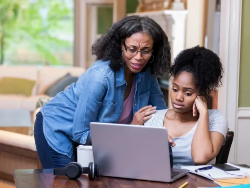 Mature mom comforts upset daughter about something online