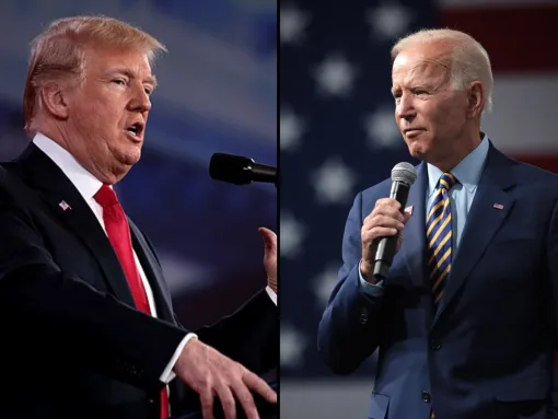 Side by side photos of U.S. presidents Biden and Trump speaking into microphones