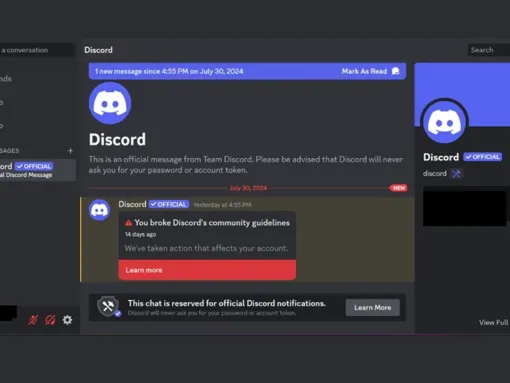 A Discord alert for breaking community guidelines.