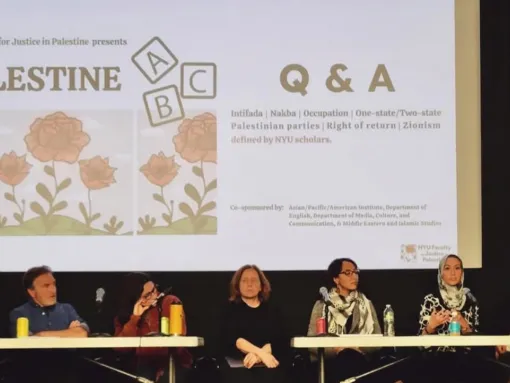 A teach-in led by New York University’s chapter of Faculty and Staff for Justice in Palestine in February 2024