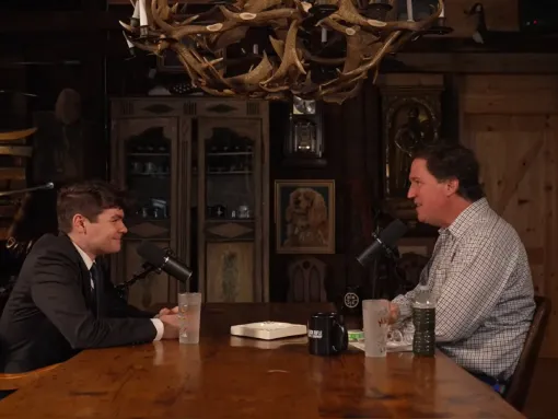 Screenshot: Tucker Carlson hosts white supremacist Nick Fuentes on an October 2025 episode of The Tucker Carlson Show. (Source/YouTube)
