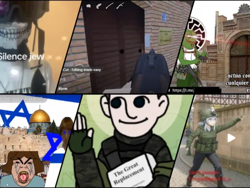A collection of screenshots from online posts, memes, and games, some of which recreate real attacks against Jewish targets, that circulate in the TCC