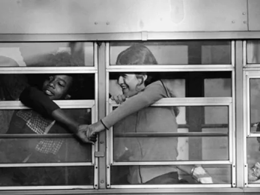 Black and White Female Students Holding Hands Schoolbus Boston 1975