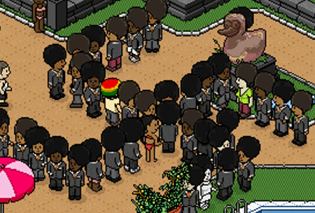 Screenshot of “Pool’s Closed” activity in the Habbo Hotel virtual world. 
