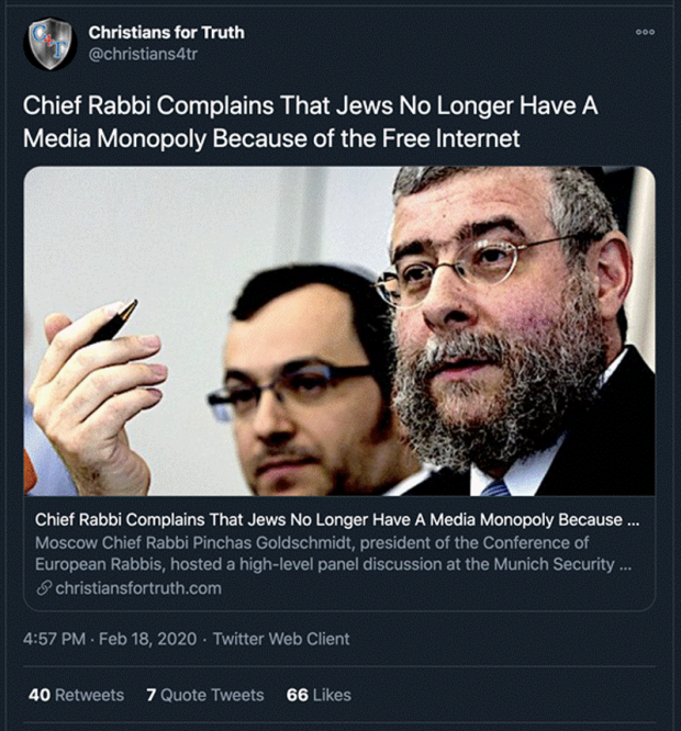 Screenshot of a tweet perpetuating a conspiracy theory about Jews with an image of two white men with beards, suits, and yarmulkes.