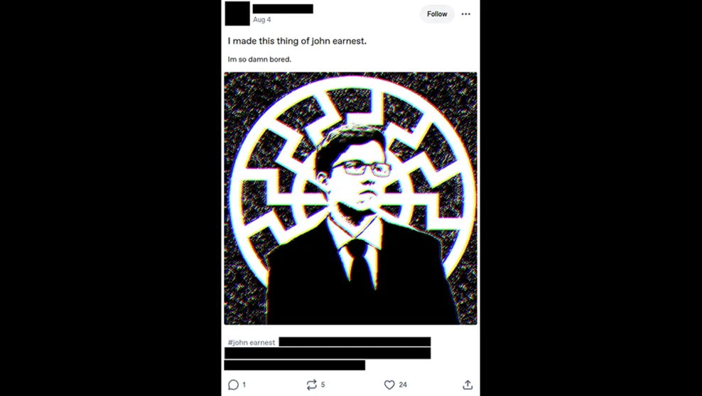 TCC fan edit of 2019 Poway synagogue shooter John Earnest superimposed over a sonnenrad