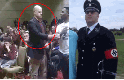 Cross taking the microphone during Q&A (twitter image) and Cross wearing a Nazi uniform