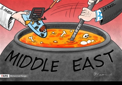 Anti-semitic cartoon Israel and Saudi Arabia stirring terrorism in Middle East cauldron