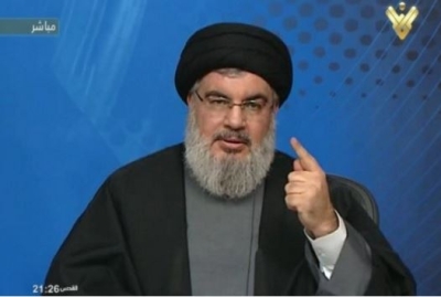Hassan Nasrallah, the head of Hezbollah, speaking on al-Manar television