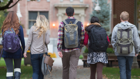 Rear view of college students walking on campus